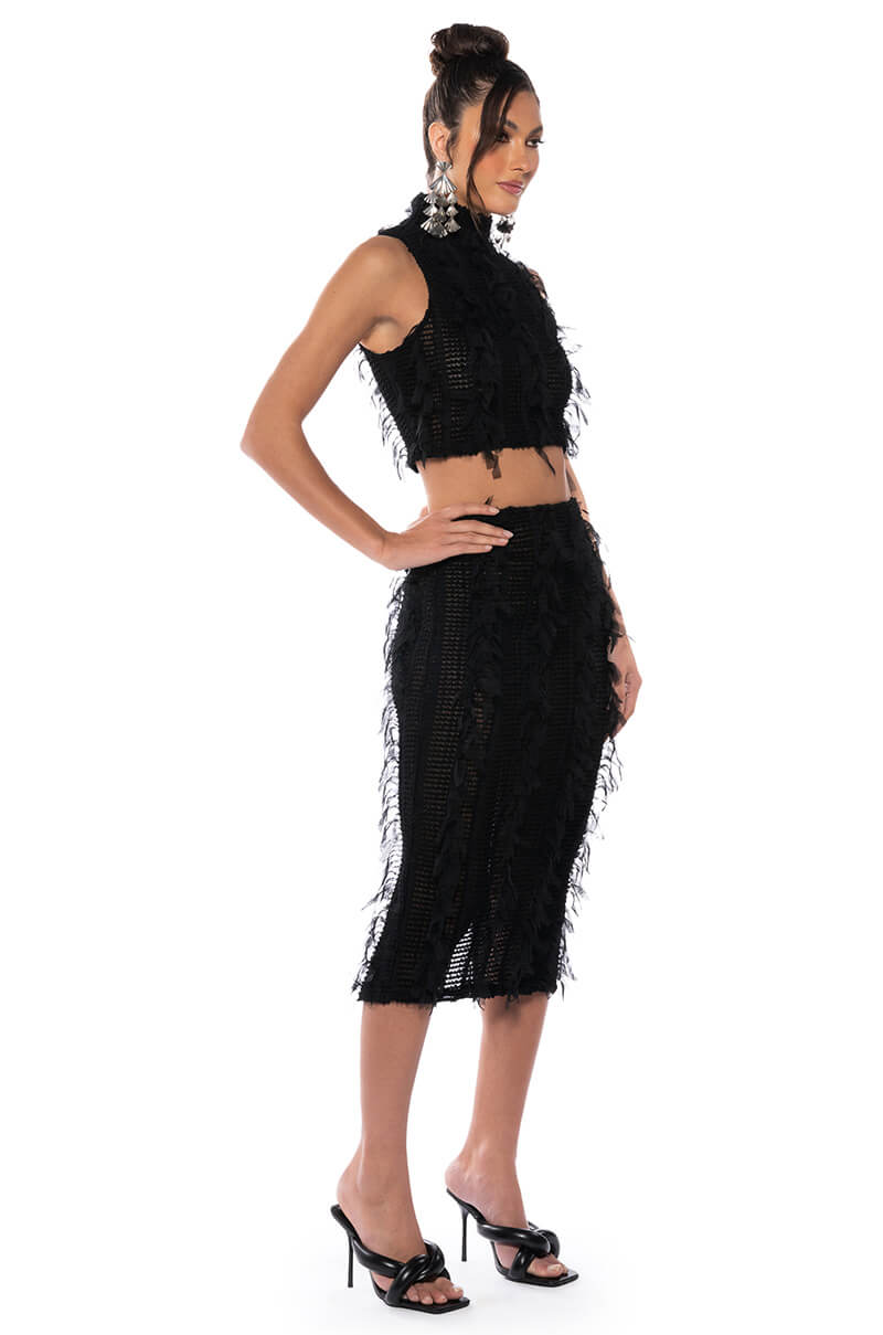 ITS A WRAP MACRAME MESH BODYCON MIDI SKIRT