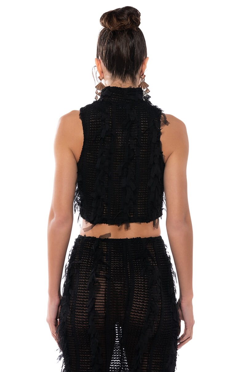 ITS A WRAP MACRAME MESH SLEEVELESS MOCK NECK TOP