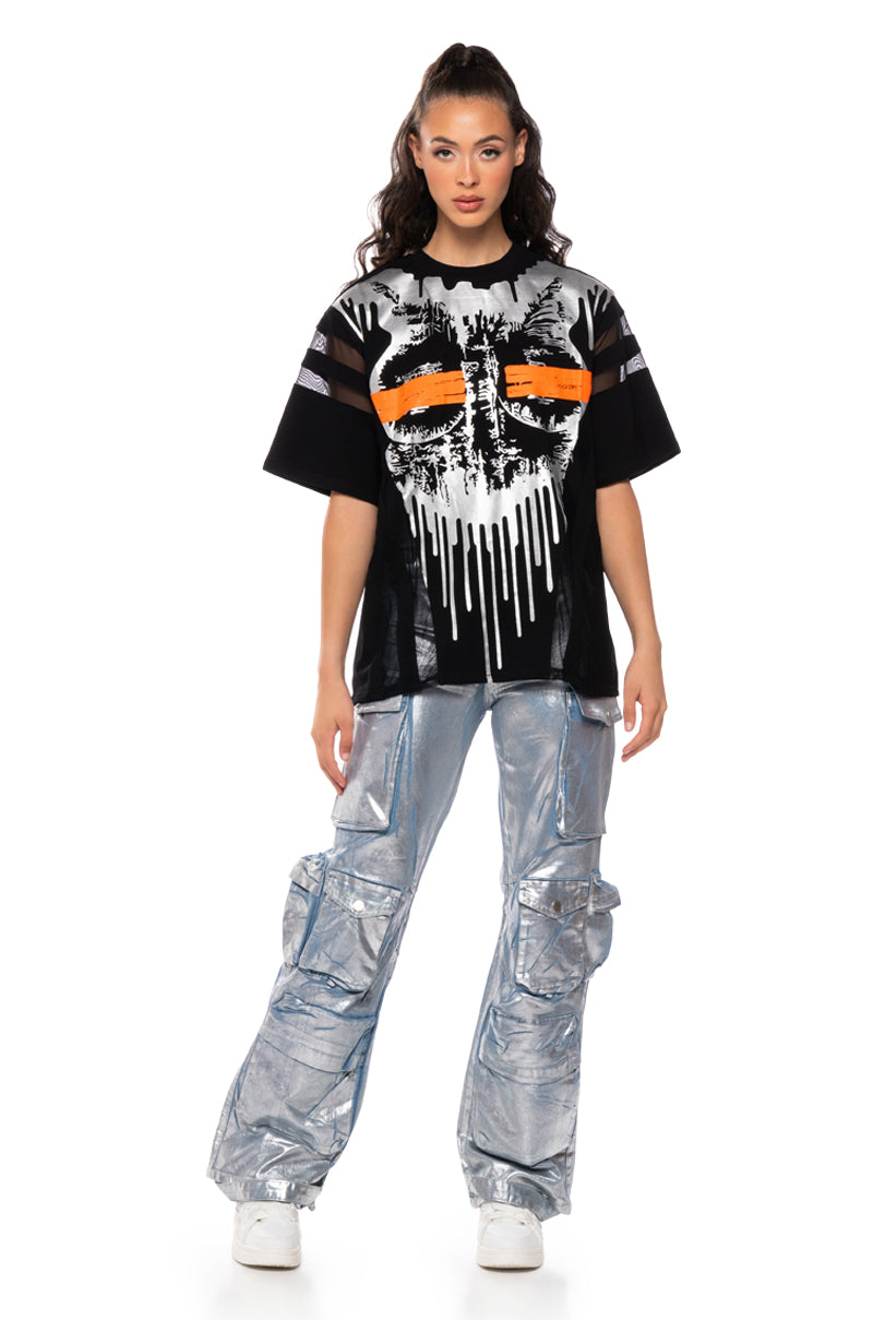 MESH DETAIL GRAPHIC T SHIRT