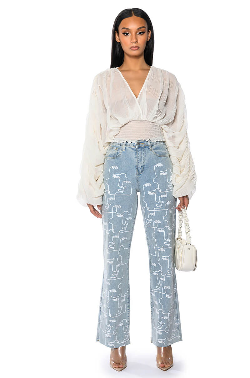 KAHANU FLOWY PLEATED LONG SLEEVE BLOUSE