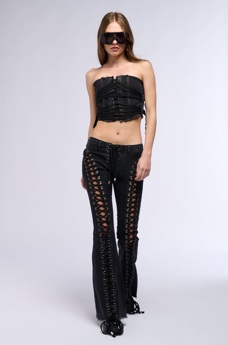 KAT LACE UP LOW RISE FLARE JEANS