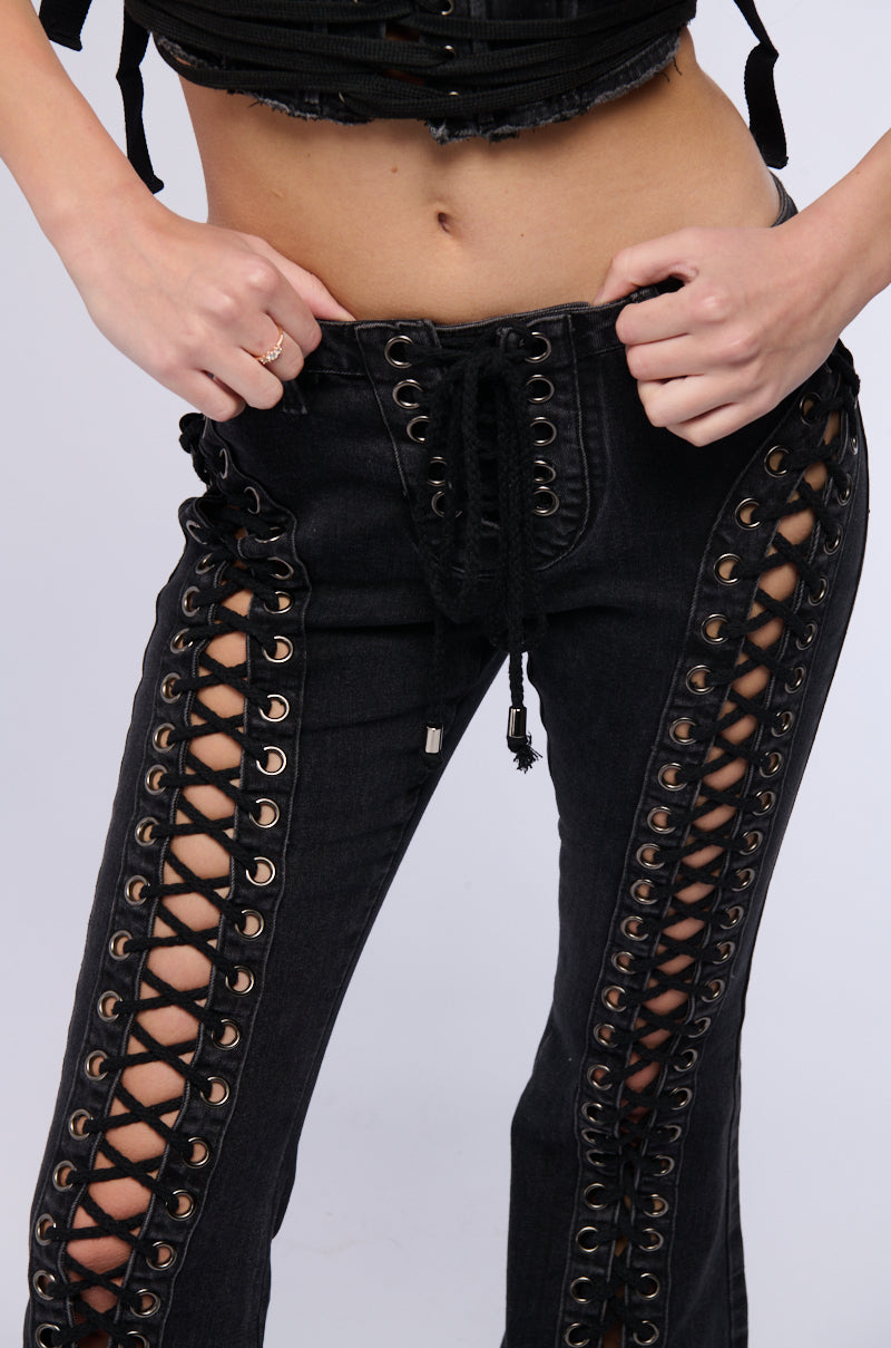 KAT LACE UP LOW RISE FLARE JEANS
