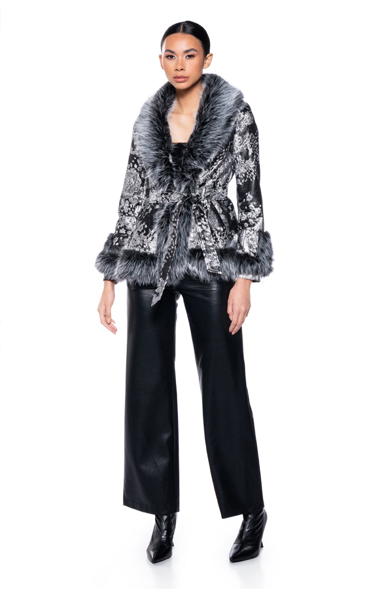 KENZY LUXE FAUX FUR TRIM BROCADE PEPLUM MOTO