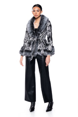 KENZY LUXE FAUX FUR TRIM BROCADE PEPLUM MOTO