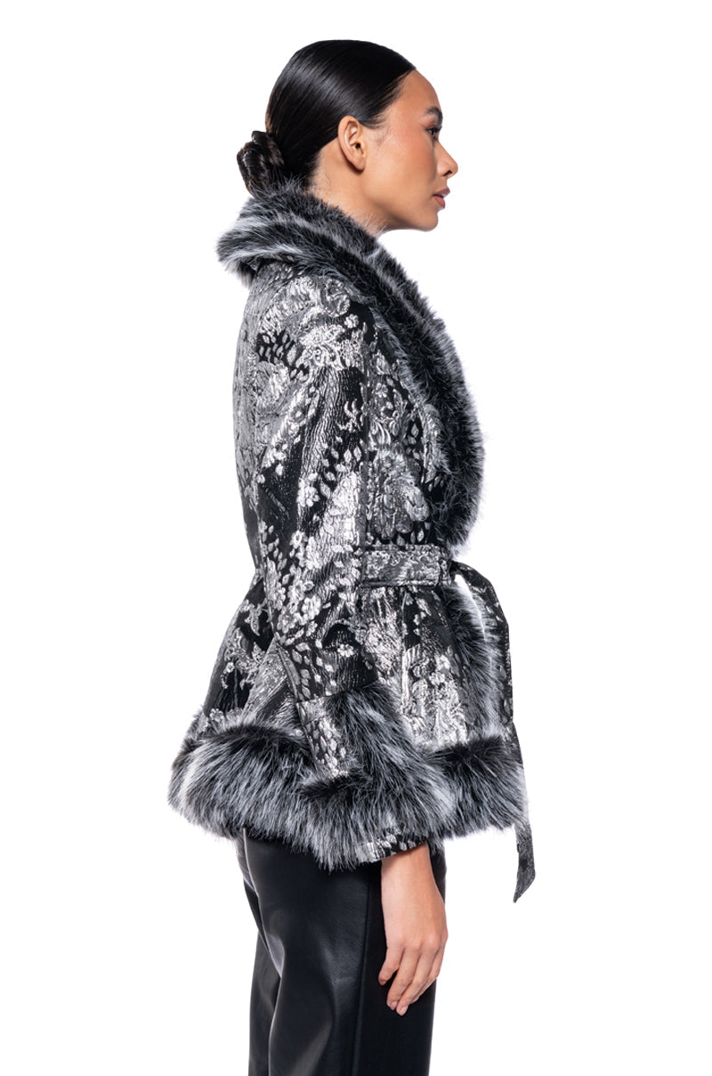 KENZY LUXE FAUX FUR TRIM BROCADE PEPLUM MOTO