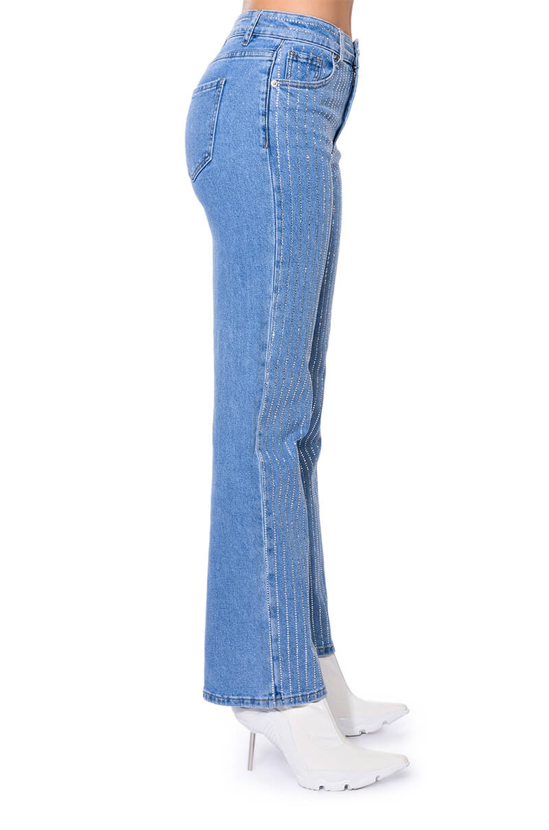KICK BACK PINSTRIPE RHINESTONE WIDE LEG JEANS