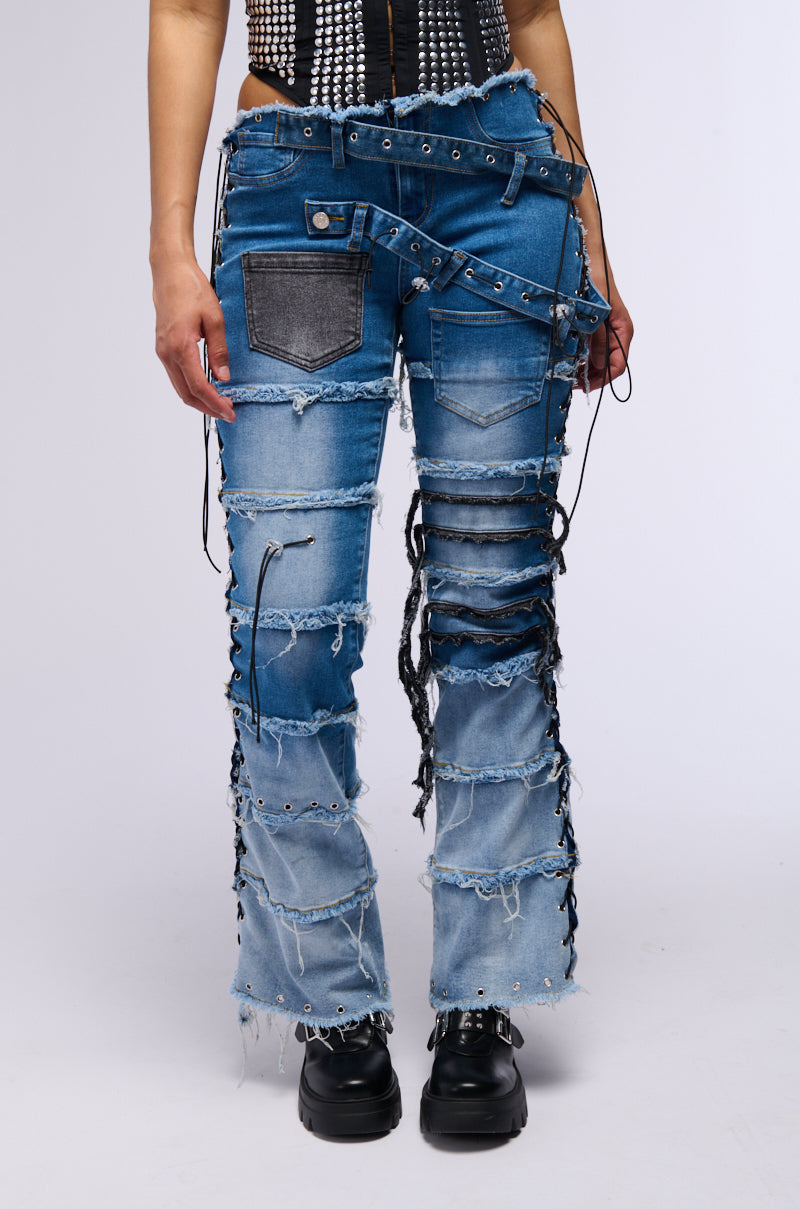 LAY LOW DISTRESSED DENIM FLARE PANT