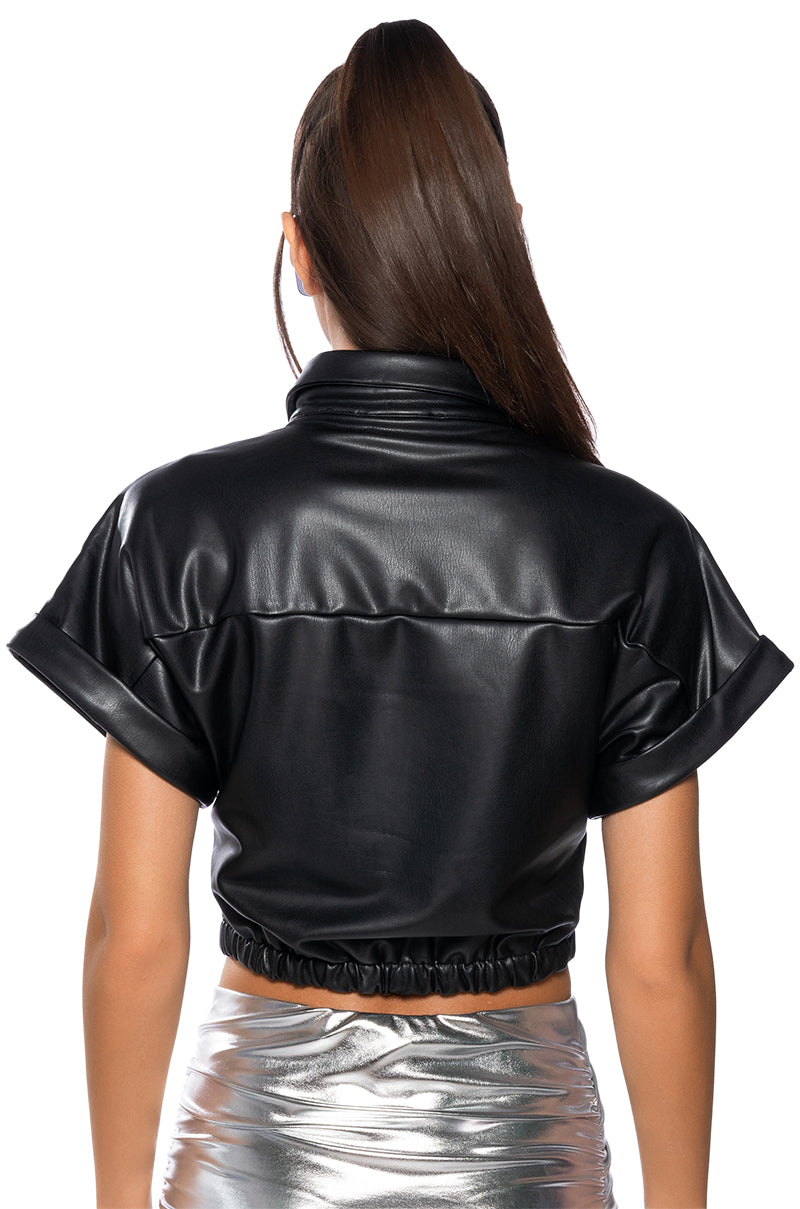 LEAVE ME ALONE BUTTON DOWN FAUX LEATHER SHIRT