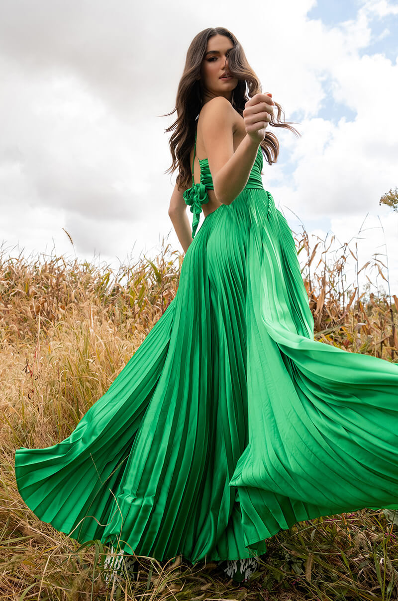 LILY PLEATED SATIN MAXI DRESS