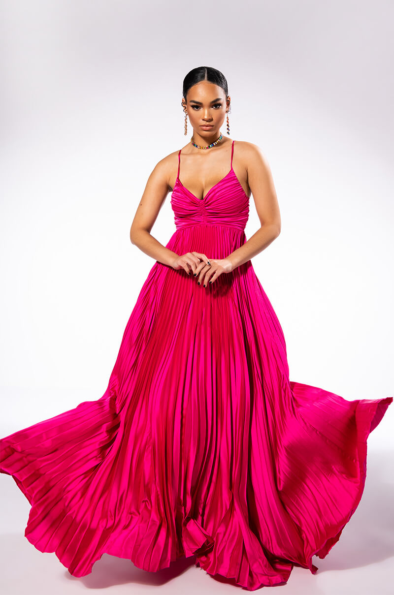 LILY PLEATED SATIN MAXI DRESS