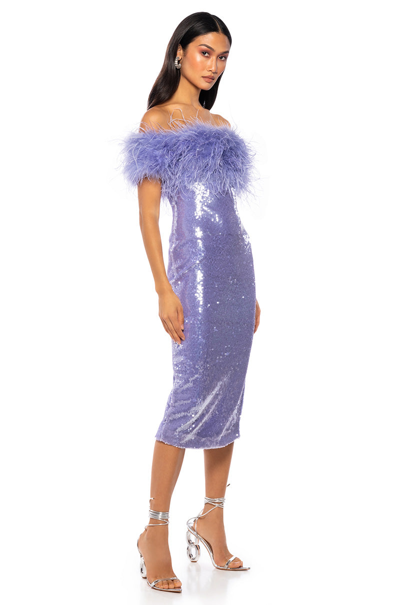 LOLO FEATHER DETAIL SEQUIN MAXI DRESS IN PURPLE