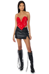 LONDON LIGHTS RUCHED FAUX LEATHER SWEETHEART NECKLINE CORSET IN RED