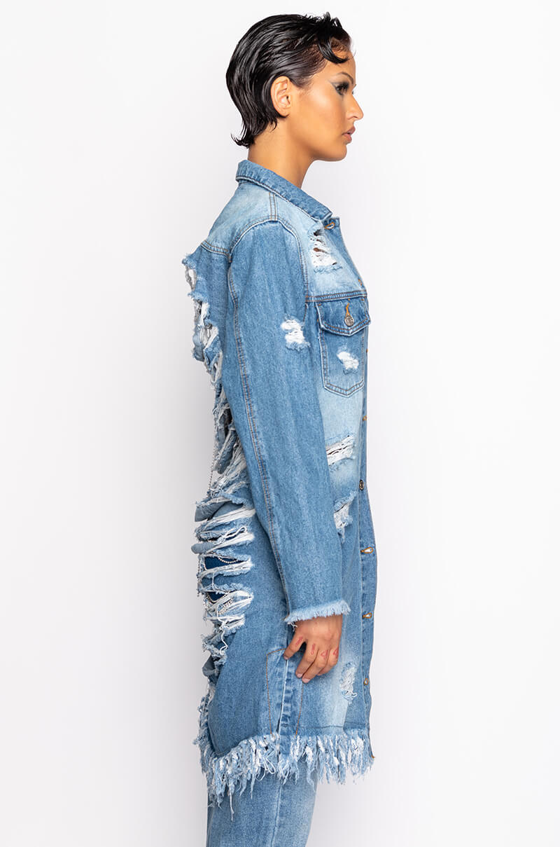 LONG DENIM JACKET WITH DISTRESSING