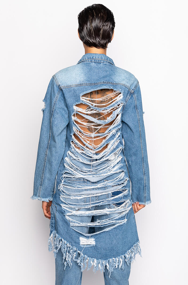 LONG DENIM JACKET WITH DISTRESSING
