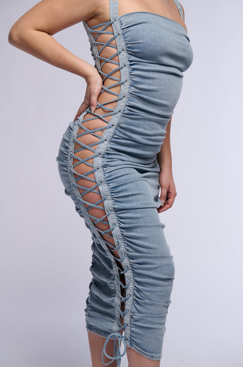LOOK AT ME LACE UP DENIM MIDI DRESS