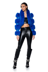 LOVERBOY FAUX FUR MOTO JACKET IN BLUE