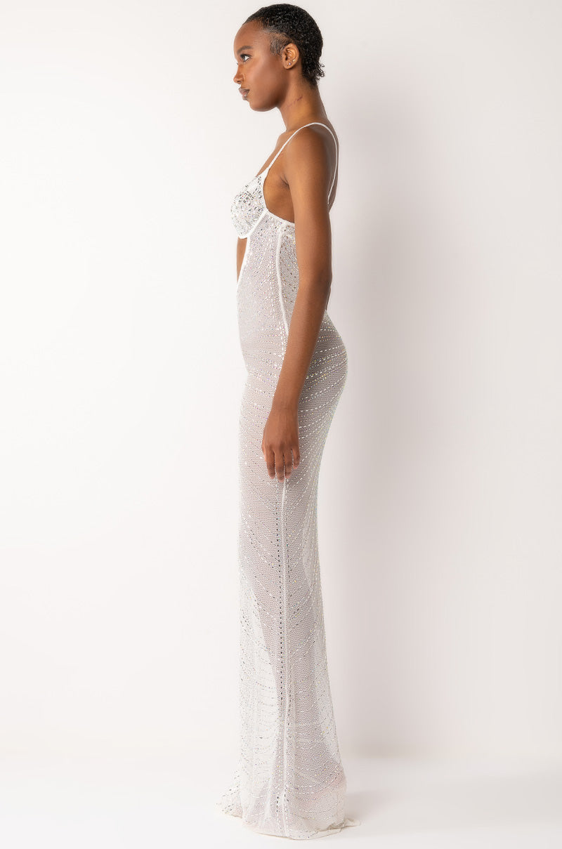 LUXX IS ALL I KNOW RHINESTONE MESH MAXI DRESS