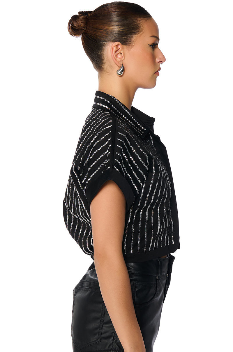 MAFIOSA RHINESTONE STRIPE CROPPED BUTTON DOWN