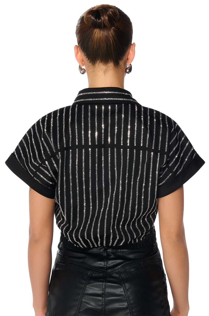 MAFIOSA RHINESTONE STRIPE CROPPED BUTTON DOWN
