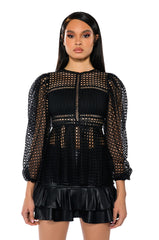 MAKE THE WORLD YOURS PEPLUM FITTED LONG SLEEVE BLOUSE
