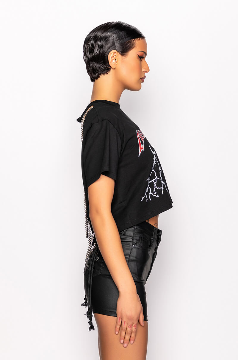 MEGA EMBELLISHED OPEN BACK CROP TSHIRT