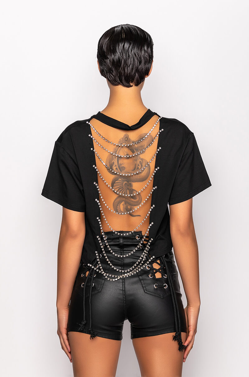 MEGA EMBELLISHED OPEN BACK CROP TSHIRT