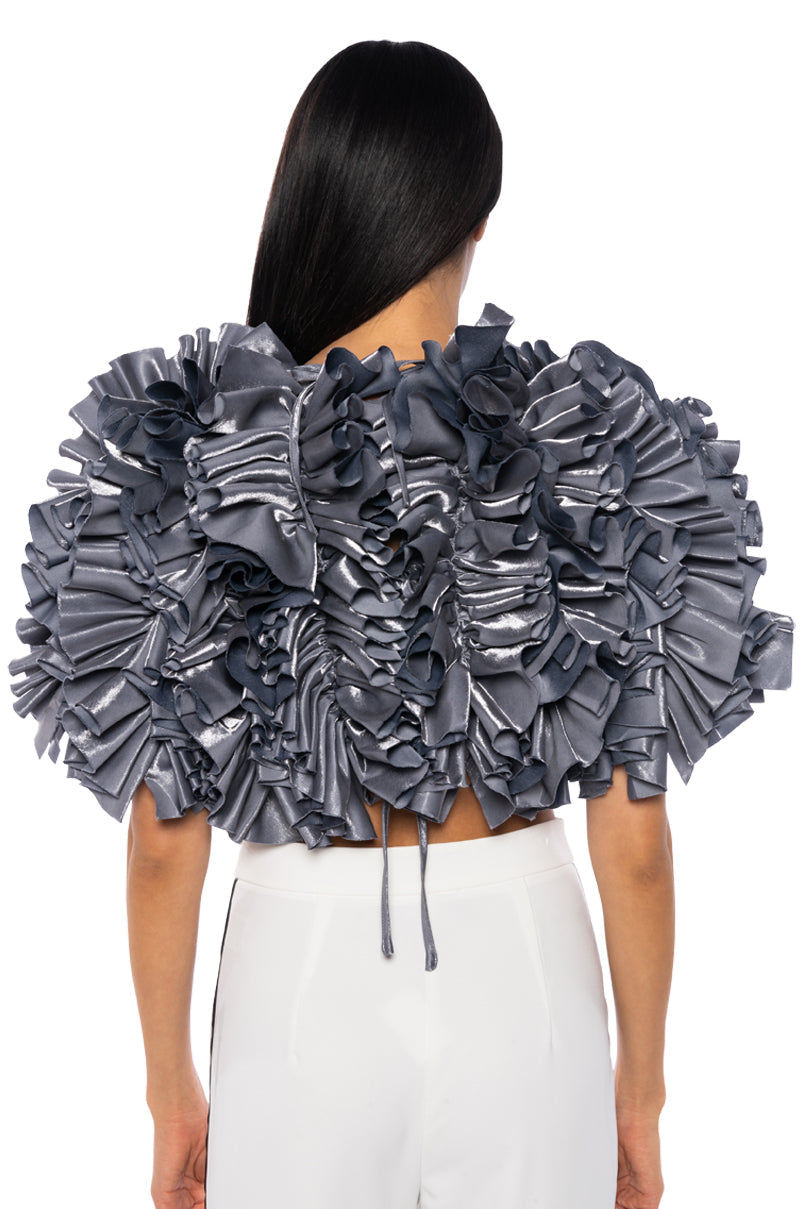 MUST BE DREAMING DENIM RUFFLE CROP BLOUSE