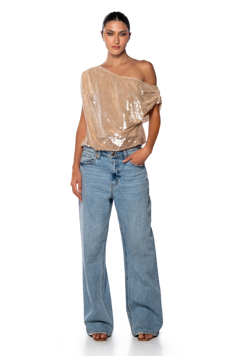 MY WORLD ASYMMETRICAL SEQUIN TOP