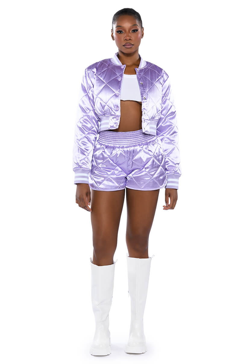 NO CAP CROPPED SATIN VARSITY BOMBER