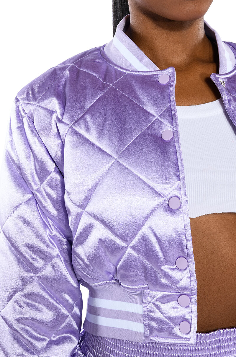 NO CAP CROPPED SATIN VARSITY BOMBER