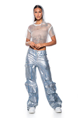 NORTH STAR RHINESTONE MESH HOODED CROP TOP IN WHITE