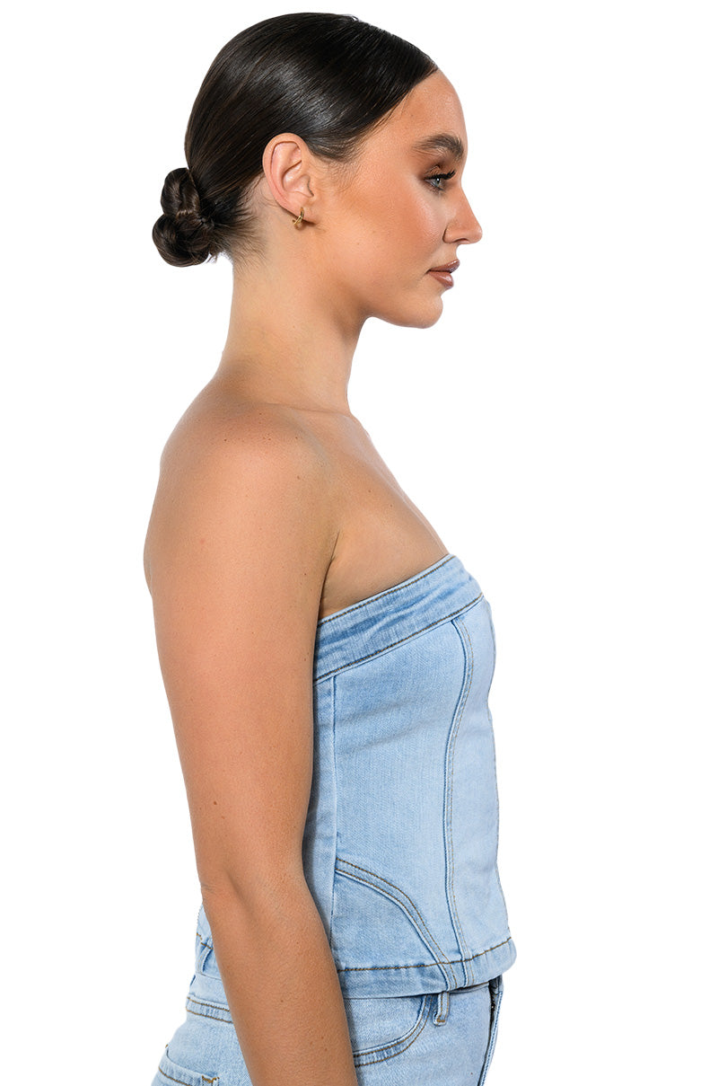 NOT YOUR AVERAGE GIRL DENIM STRAPLESS TOP