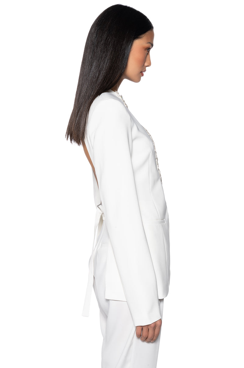 PEEK A BOO RHINESTONE ACCENT BLAZER IN WHITE