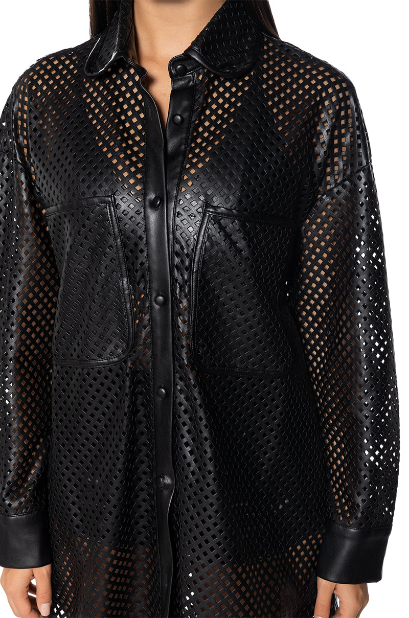 LASER CUT VEGAN LEATHER BUTTON DOWN DRESS