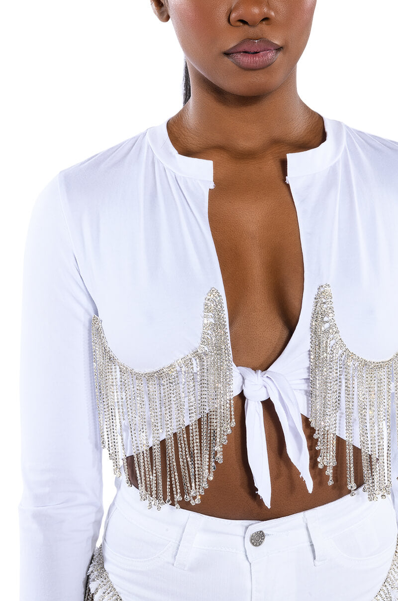 PIPING HOT RHINESTONE TIE FRONT LONG SLEEVE TSHIRT