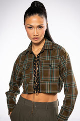 PLAID ROMANCE CHAIN LACE UP CROPPED BLOUSE