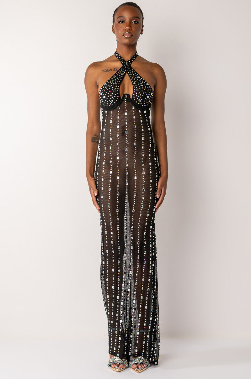 POP OUT RHINESTONE MESH MAXI DRESS WITH PEARLS