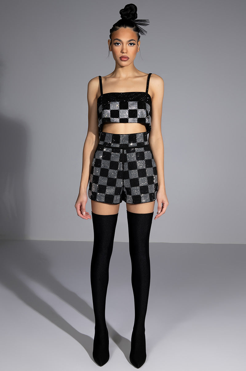 POP STAR CHECKERED RHINESTONE SHORT