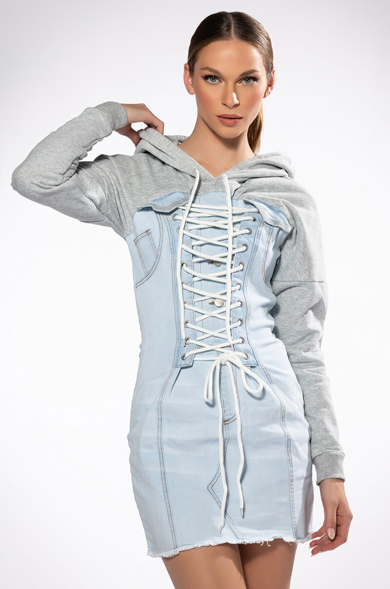 GINA LACE UP DENIM HOODED MINI DRESS